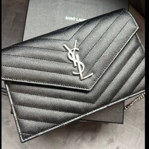 Yves Saint Laurent black Cassandre envelope flap crossbody wallet on chain